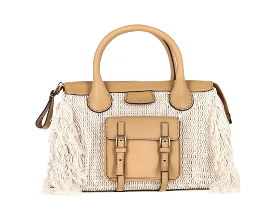 Chloe Edith Fransen Mittelgroße Tasche in beigem Leinen und hellbraunem Kalbsleder - Image 1