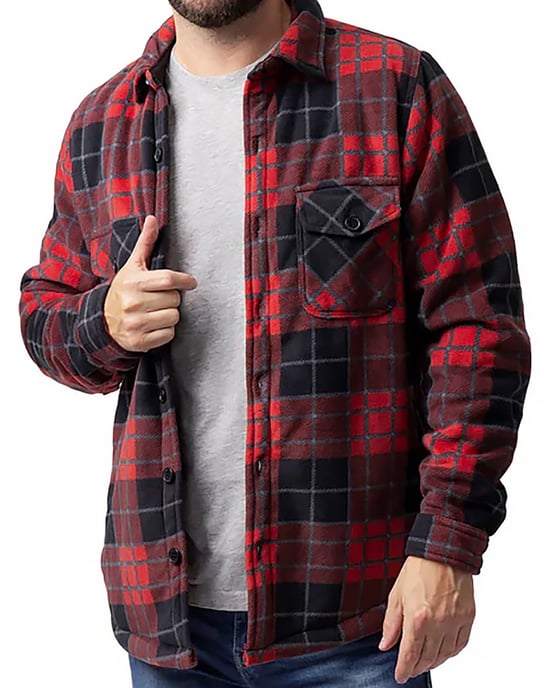 Gesteppte karierte Herren-Winterjacke | Wärmehalter | Langarm-Karohemd | Karomuster - Karminrot / Schwarz - Image 2