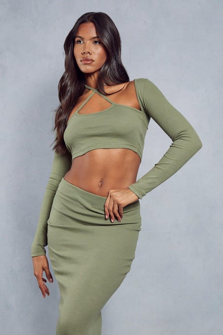 Rib Tie Neck Top & Maxi Skirt Co-ord
