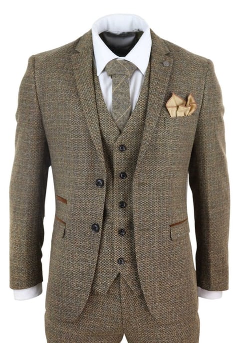 Herren 3-teiliges braunes Tweedkaromuster Vintage Retro Anzug - Image 1