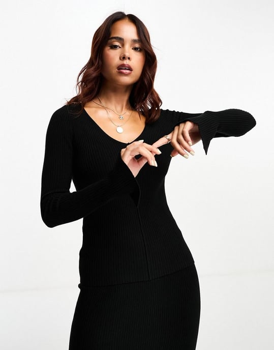 ASOS DESIGN rib jumper with v neck in black