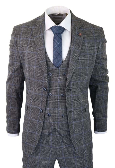 3-teiliger klassischer Tweed-Anzug für Herren im Vintage-Stil, Grau mit blauem Karomuster - Image 1