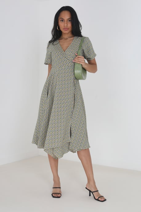 Yellow 'Maddie' V-Neck Wrap Midi Dress