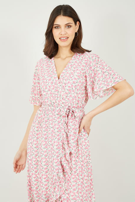 Mela Pink Ditsy Floral Wrap Midi Dress