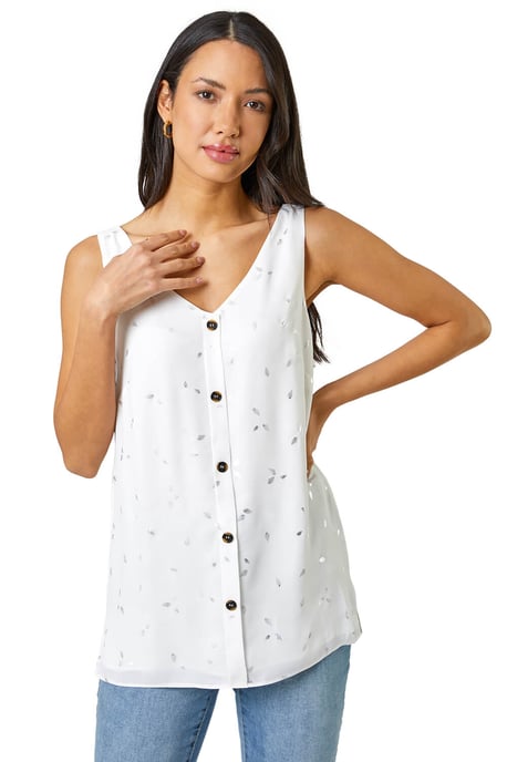 Foil Print Button Detail Top