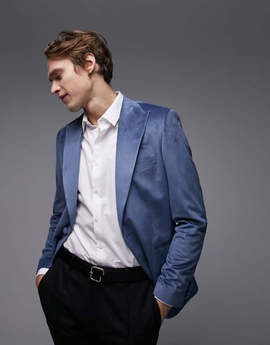 Topman skinny single breasted velvet blazer in blue - Image 1