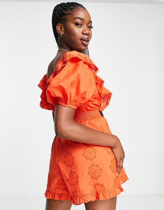 Miss Selfridge broderie frill detail playsuit in burnt orange