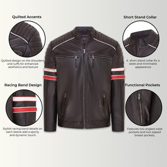 Mens Black Quilted Leather Biker Racing Jacket- Brevik