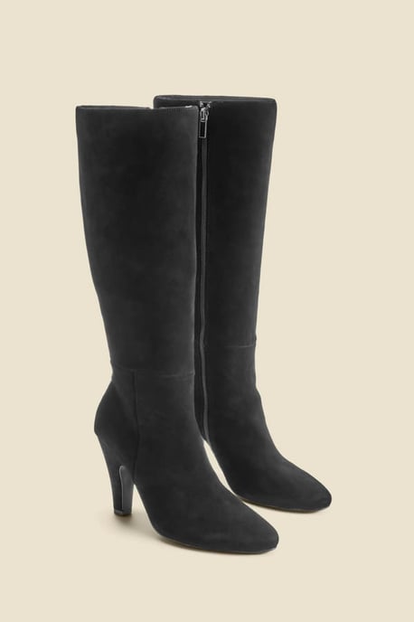 Black Suede Knee High Heeled Boots