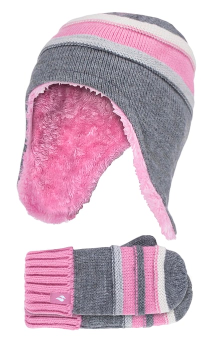 Wärmehalter - Mädchen Winter Warm Pom Pom Bobble Beanie Mütze und Handschuhe Set - Pebble Grey - Image 1