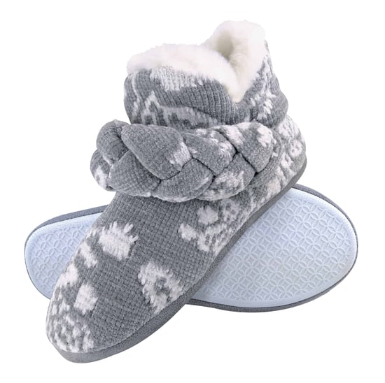 Dunlop - Damen gestrickt warmen Fleece Plüsch Hausschuhe Stiefel / Stiefeletten in Grau Fairisle und Rosa Cord Styles - Image 1