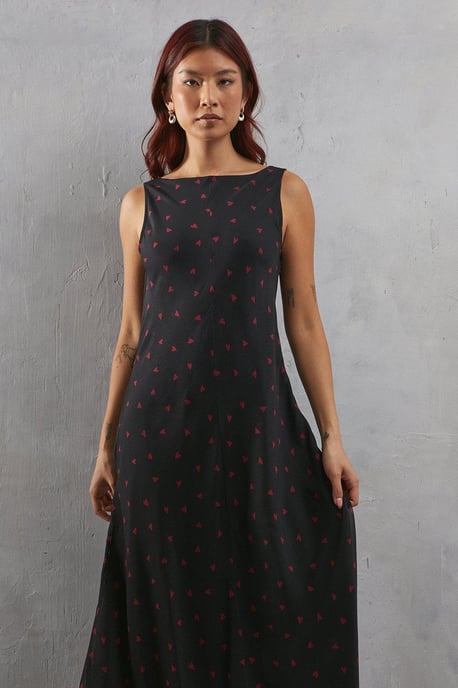 Heart Print Chiffon Slash Neck Bias Sleeveless Midi Dress - Image 4