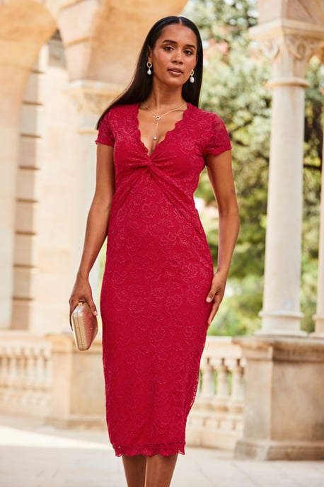 Raspberry Pink Short Sleeve Lace Jersey Dress