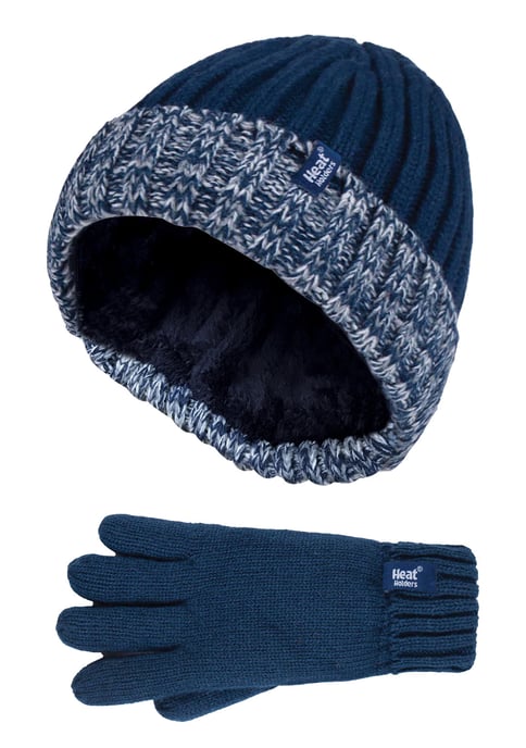 Wärmehalter - Kinder Jungen Winter warmes Fleece gefüttert isoliert stricken umdrehen Manschette gerippte Mütze und Handschuhe Set - NS1P9710 - Image 1