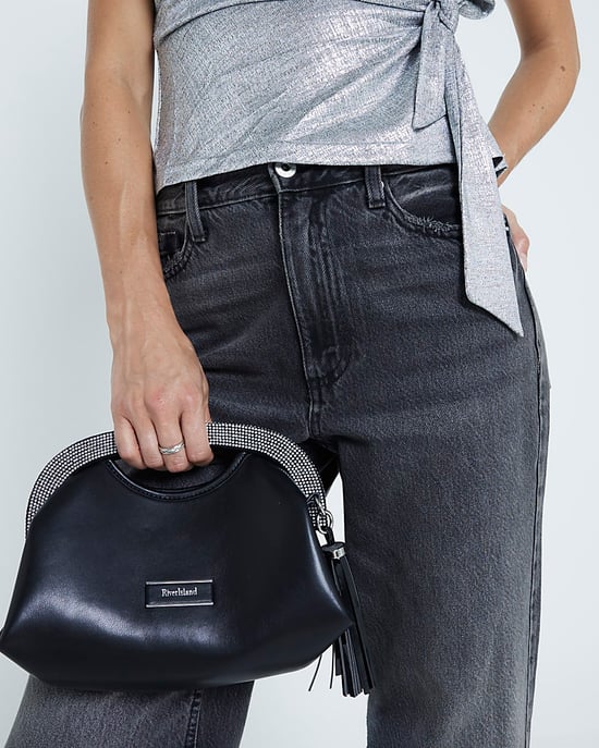 River Island Womens Clutch Bag Black Diamante Handle Frame
