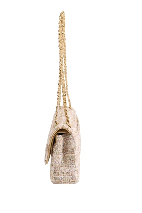Chanel Classic Flap Shoulder Bag with Gold Tone Metal in Pastel Pink Tweed and Leather