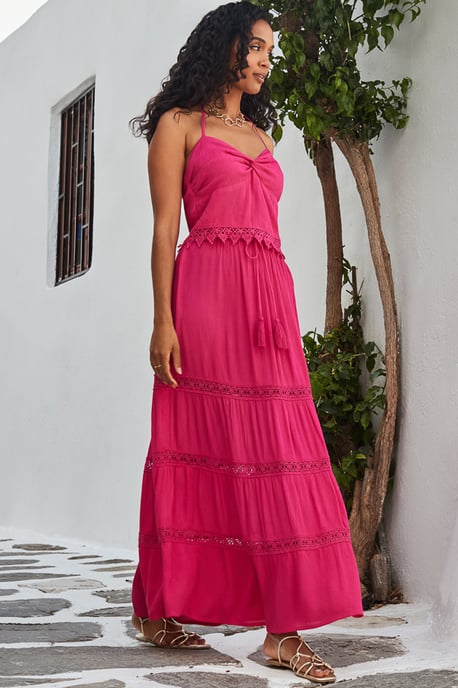 Pink Lace Detail Tiered Hem Maxi Skirt
