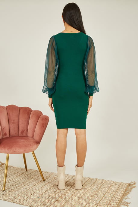 Green Knitted Body Con Dress With Chiffon Sleeve