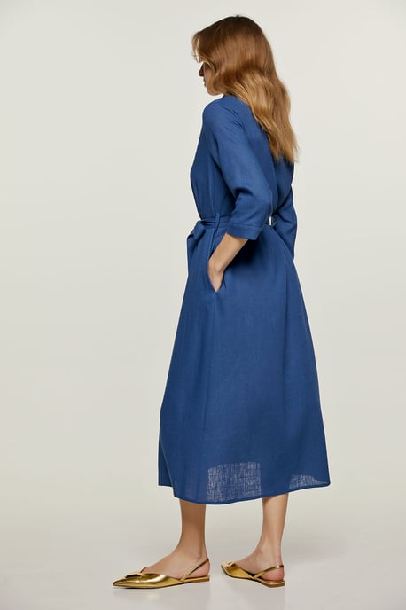 Blaues Midikleid im Leinenstil mit Gürtel - Image 6