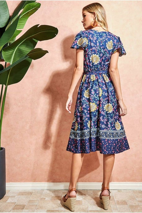 Goddiva Floral Print Wrap Midi With Flutter Sleeves