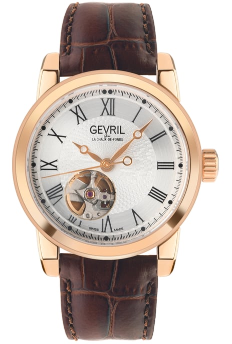 Gevril Herrenuhr Madison Schweizer Automatik IPRG Silbernes Zifferblatt Braunes Leder - Image 1