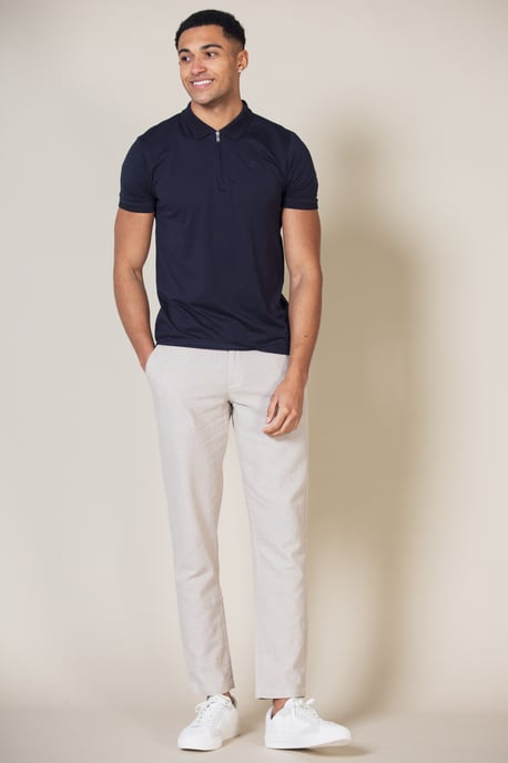 Navy Cotton Zip Neck Polo Shirt