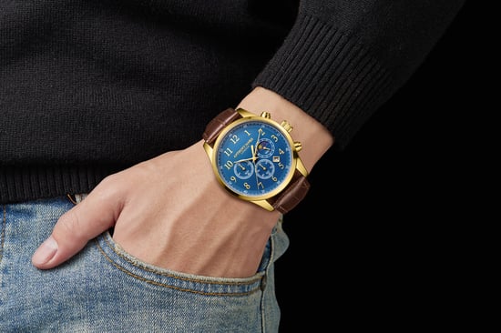 Hand Assembled Anthony James Moonphase Chronograph Gold Blue
