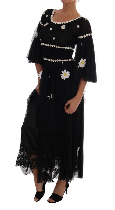 Dolce & Gabbana - Robe en soie noire brodée de marguerites pour femme - Image 4