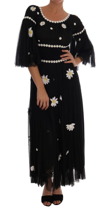 Dolce & Gabbana - Robe en soie noire brodée de marguerites pour femme - Image 1