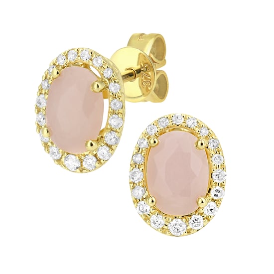 9ct Yellow Gold Diamond and Pink Opal Gemstone Oval Cut Stud Earrings