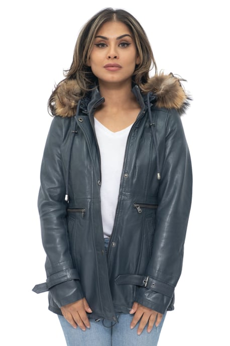 Womens Leather Hooded Parka Jacket-Putian
