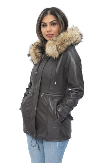 Womens Leather Hooded Parka Jacket-Putian