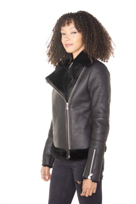 Womens Black Shearling Sheepskin Aviator Jacket-Kiev