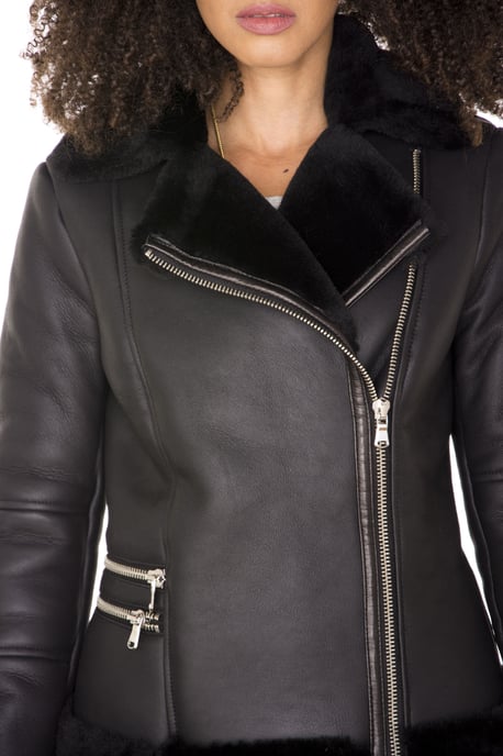 Womens Black Shearling Sheepskin Aviator Jacket-Kiev