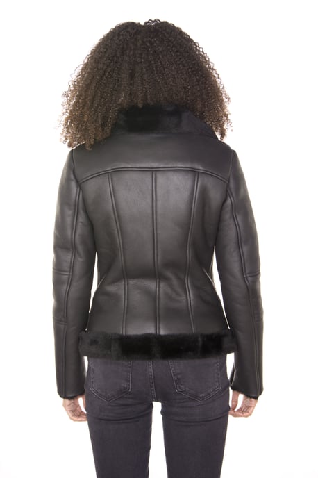 Womens Black Shearling Sheepskin Aviator Jacket-Kiev