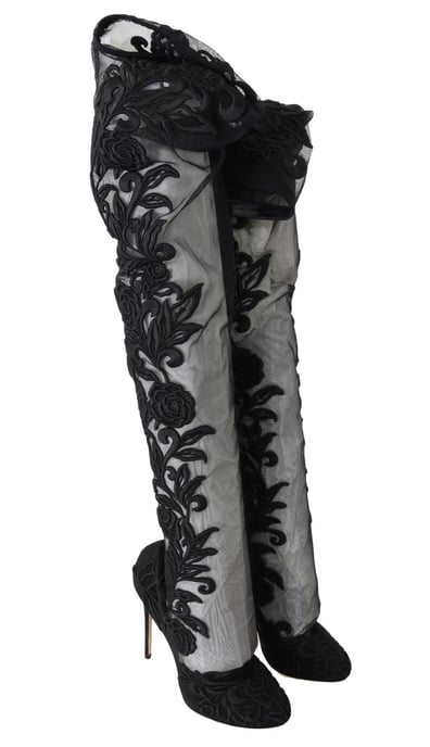 Dolce & Gabbana Black Floral Embroidered Socks Boots