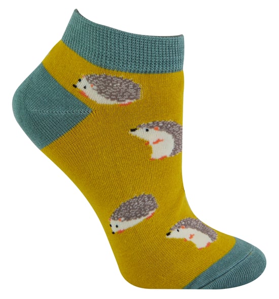 Damen Bambus Trainer Socken | Miss Sparrow | Atmungsaktive Low Cut Socken für Frauen - Igel (Gelb) - Image 1