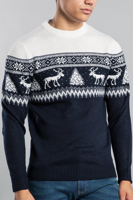 Cream Festive Crew Neck Jacquard Knit Jumper