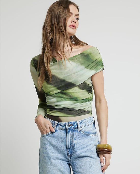 River Island Womens Bodysuit Green Mesh Asymmetric
