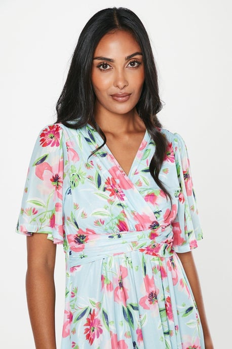 Petite Floral Mesh Twist Midi Dress