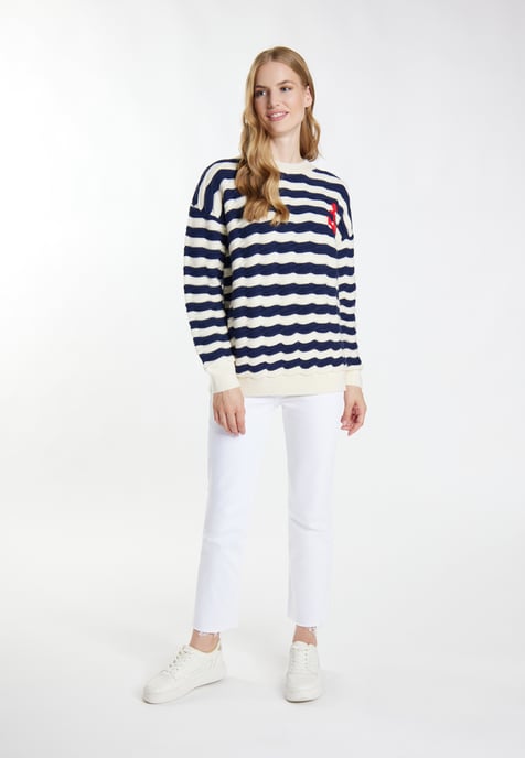 Dreimaster Strickpullover Damen Wollweiss Marine - Image 2