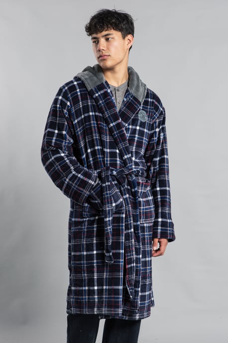 Navy Hooded Check Dressing Gown