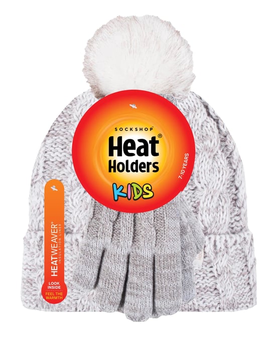 Wärmehalter - Set aus Bommelmütze und Handschuhen für Mädchen | Mütze mit umgeschlagener Manschette und Kabelstrickhandschuhe - Haferflocken-Twist - Image 2