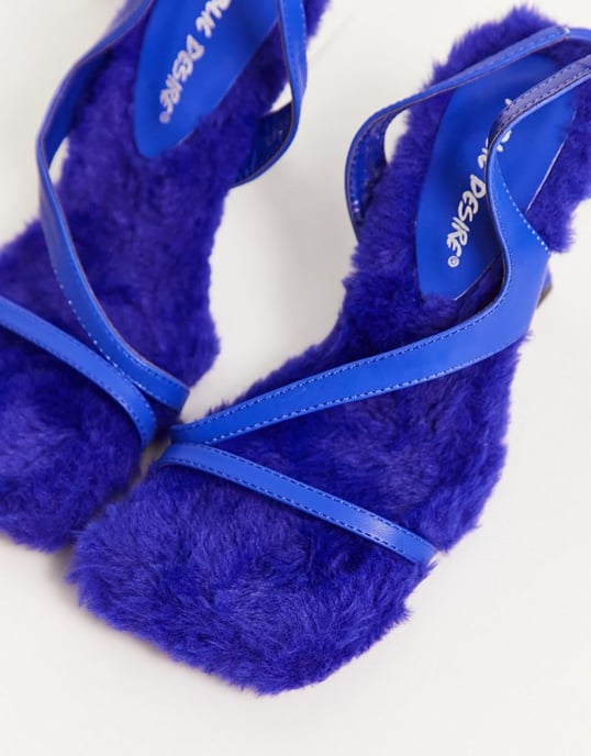 Public Desire fluffy sole square toe heeled sandals in Blue