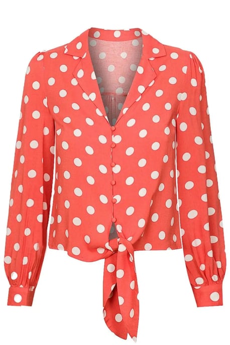 Coral Polka Dot Tie Front Blouse