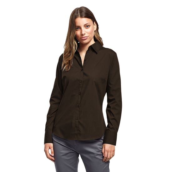 Premier Damen Popeline Bluse / Arbeitshemd, langärmlig (Braun) - Image 3