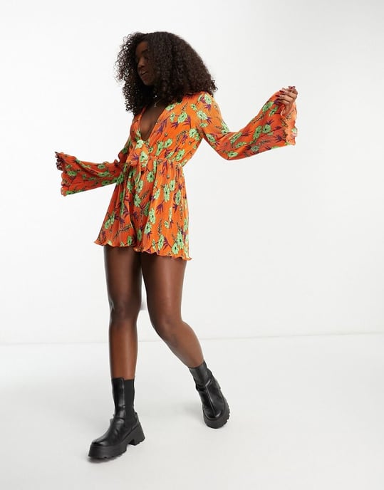 ASOS DESIGN plisse knot front playsuit in floral-Multi