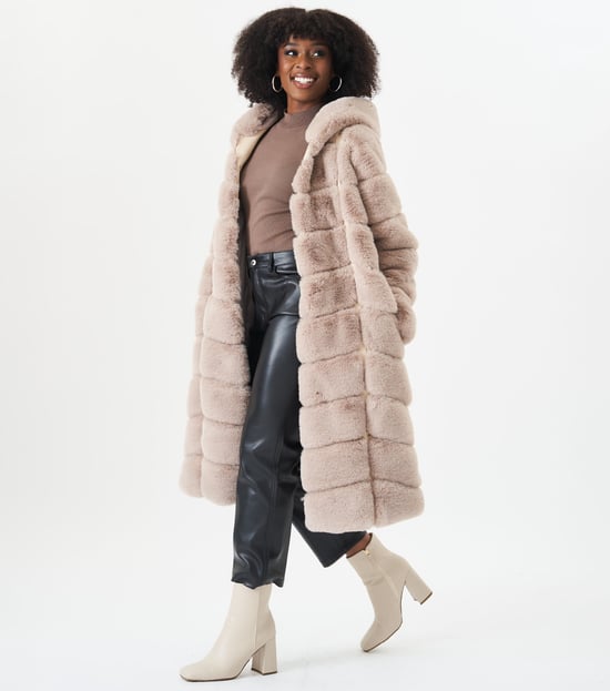 Panelled Hooded Longline Fur Coat