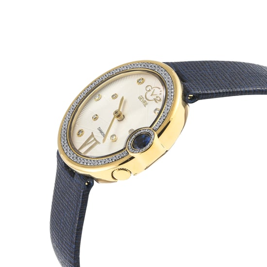 GV2 Women's Perugia Diamond Watch, IPYG Case, Silver/White Dial, Genuine Saffiano Blue Handmade Leather Strap
