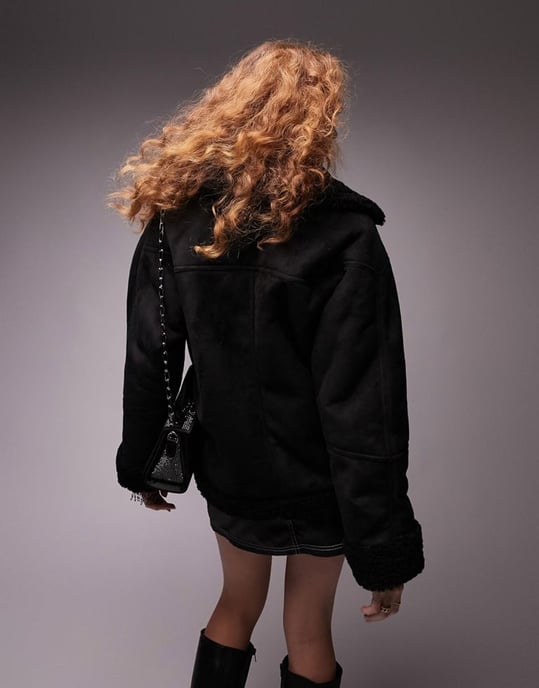 Topshop faux shearling car coat in black